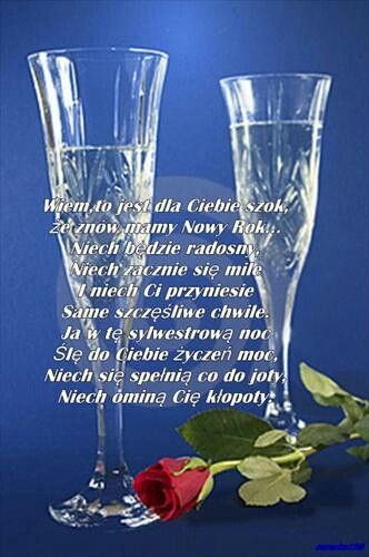 Kartka z szampanem i życzeniami na Nowy Rok
